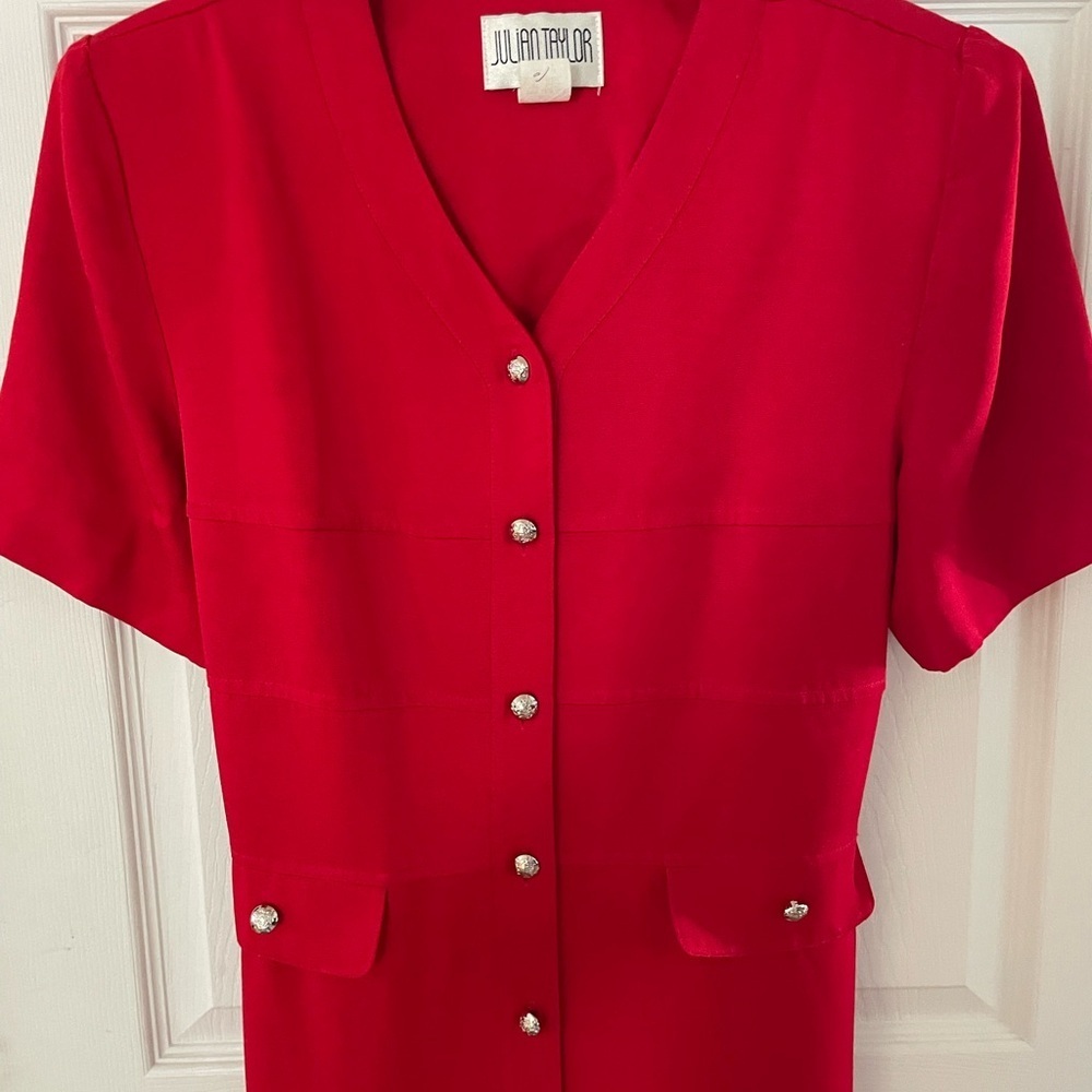 Vintage Julian Taylor Vibrant Red Button-Front ShortSleeve Midi Dress - Picture 5 of 6